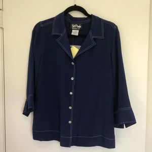Button Front Blue Blouse w Scarf Bob Mackie